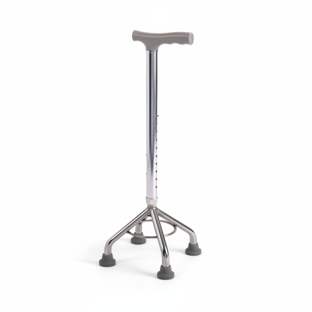 Canne quadripode réglable avec base à quatre pieds pour stabilité et aide à la marche.