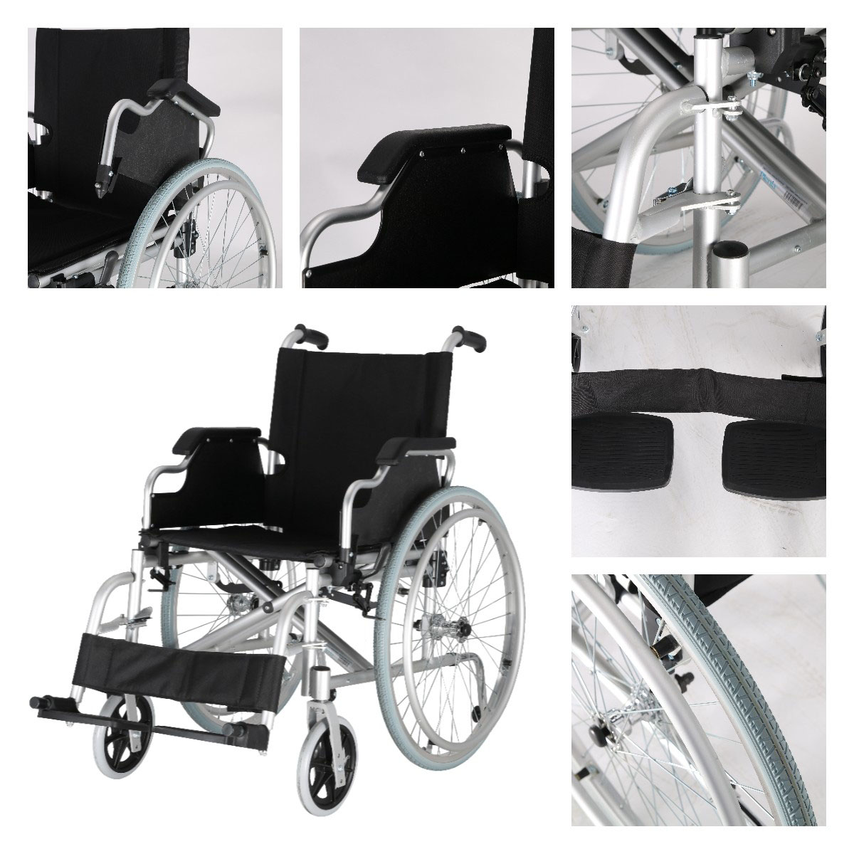 Fauteuil roulant senior léger en aluminium avec pneus pleins, pliable et confortable