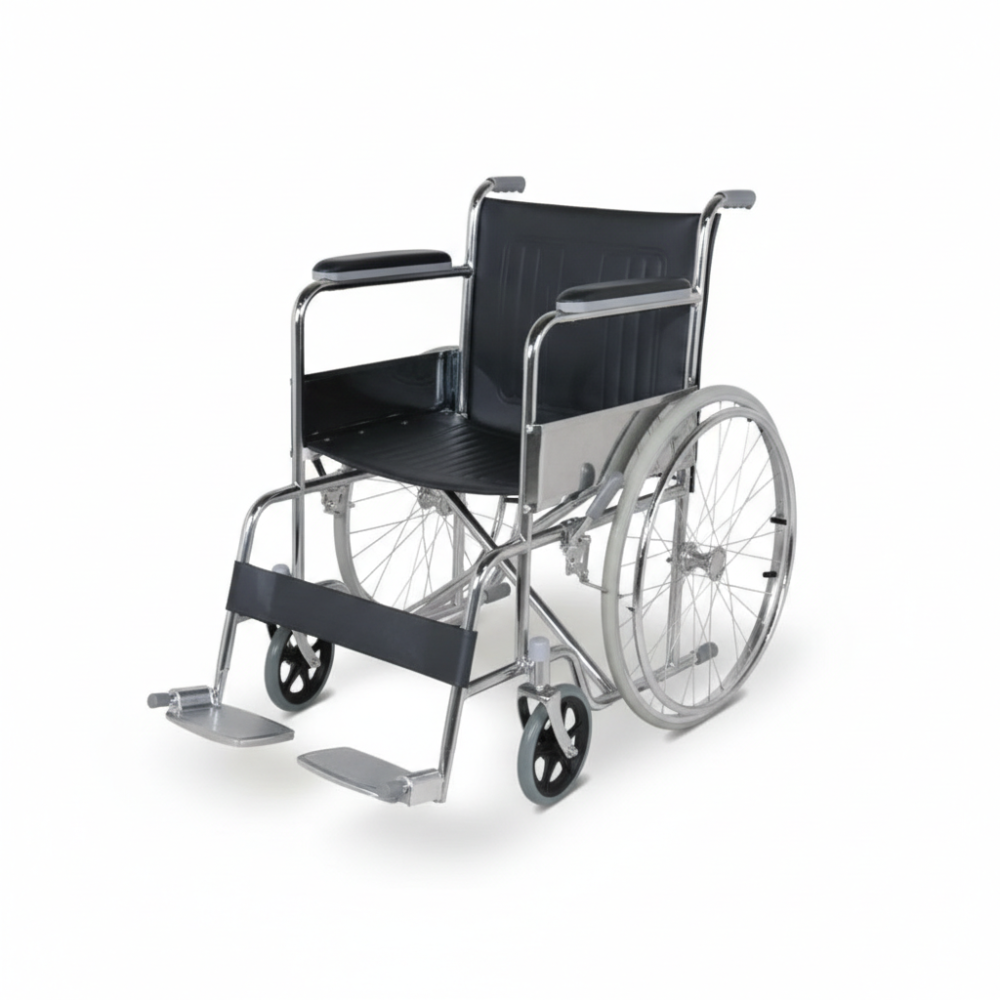 Chaise roulante avec roues gonflables et cadre en acier chromé