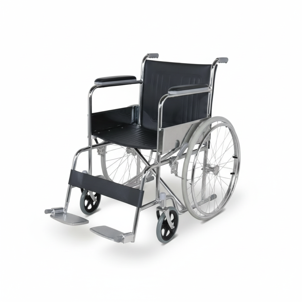 Chaise roulante avec roues gonflables et cadre en acier chromé