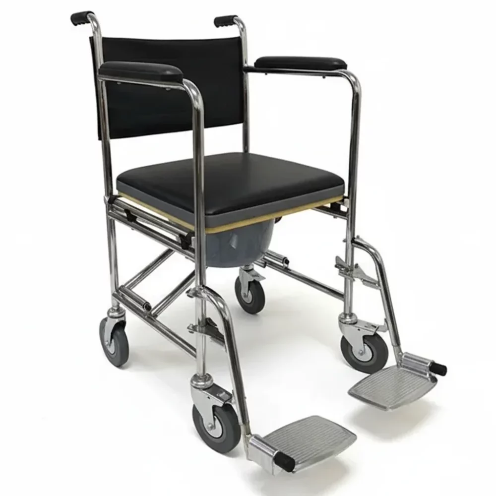 Chaise toilette portable pliante avec roulettes, WC mobile en acier avec siège amovible et repose-pieds réglable