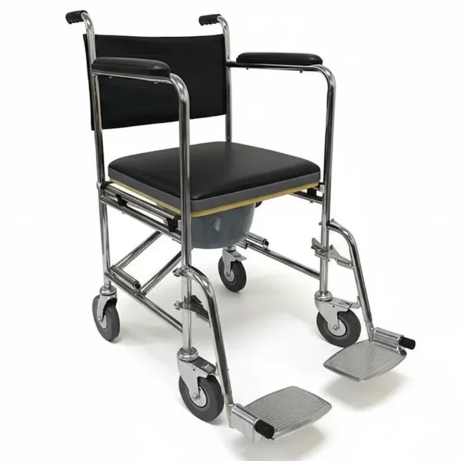 Chaise toilette portable pliante avec roulettes, WC mobile en acier avec siège amovible et repose-pieds réglable