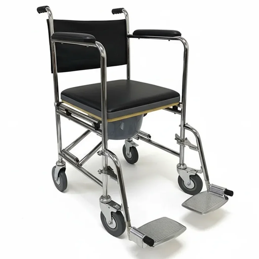 Chaise toilette portable pliante avec roulettes, WC mobile en acier avec siège amovible et repose-pieds réglable