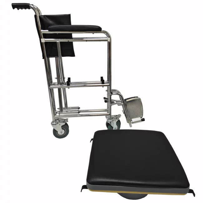 Chaise WC mobile pliante avec roues et freins de sécurité
