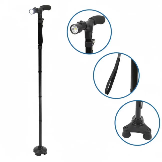 Canne pliable légère pour seniors avec lampe intégrée et base stable
