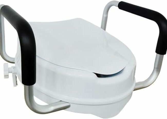 Rehausseur de toilette adulte 10 cm avec accoudoirs, siège WC clipsable universel pour cuvette ronde ou allongée, destiné aux seniors, personnes à mobilité réduite et usage post-opératoire.