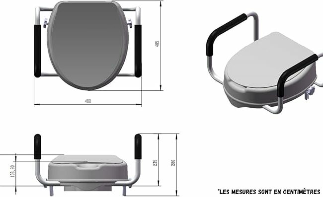 Rehausseur de toilette adulte 10 cm avec accoudoirs, siège WC clipsable universel pour cuvette ronde ou allongée, destiné aux seniors, personnes à mobilité réduite et usage post-opératoire.