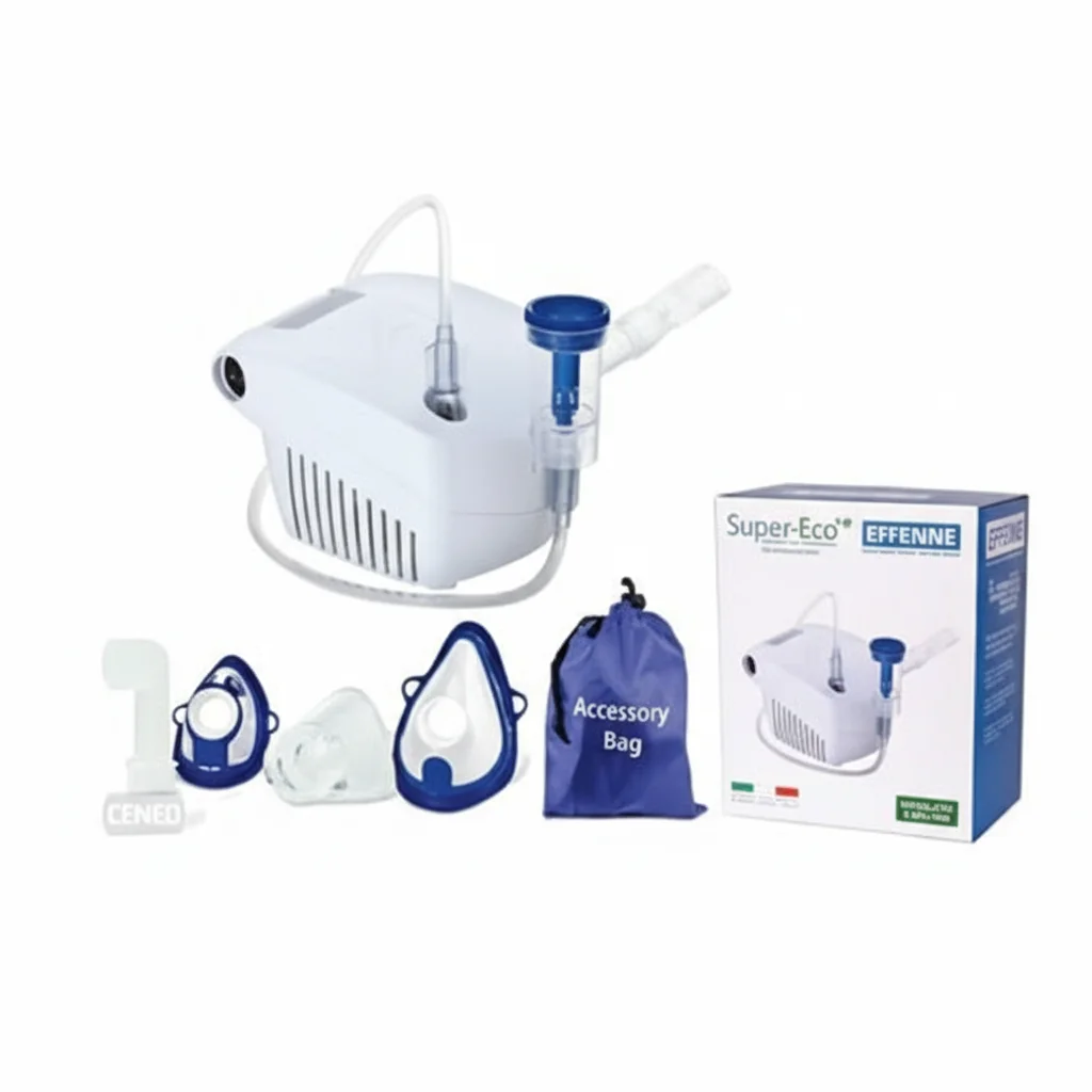 Nébuliseur Super Eco avec masque adulte et pédiatrique Soft Touch, embout buccal, tubulure et pochette accessoires