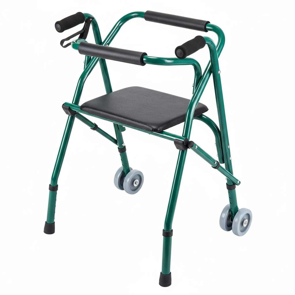 Déambulateur à 2 roues avec assise rembourrée, pliable et réglable en hauteur