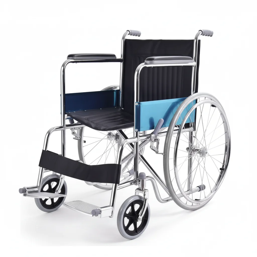 Fauteuil roulant manuel ergonomique avec accoudoirs et repose-jambes fixes
