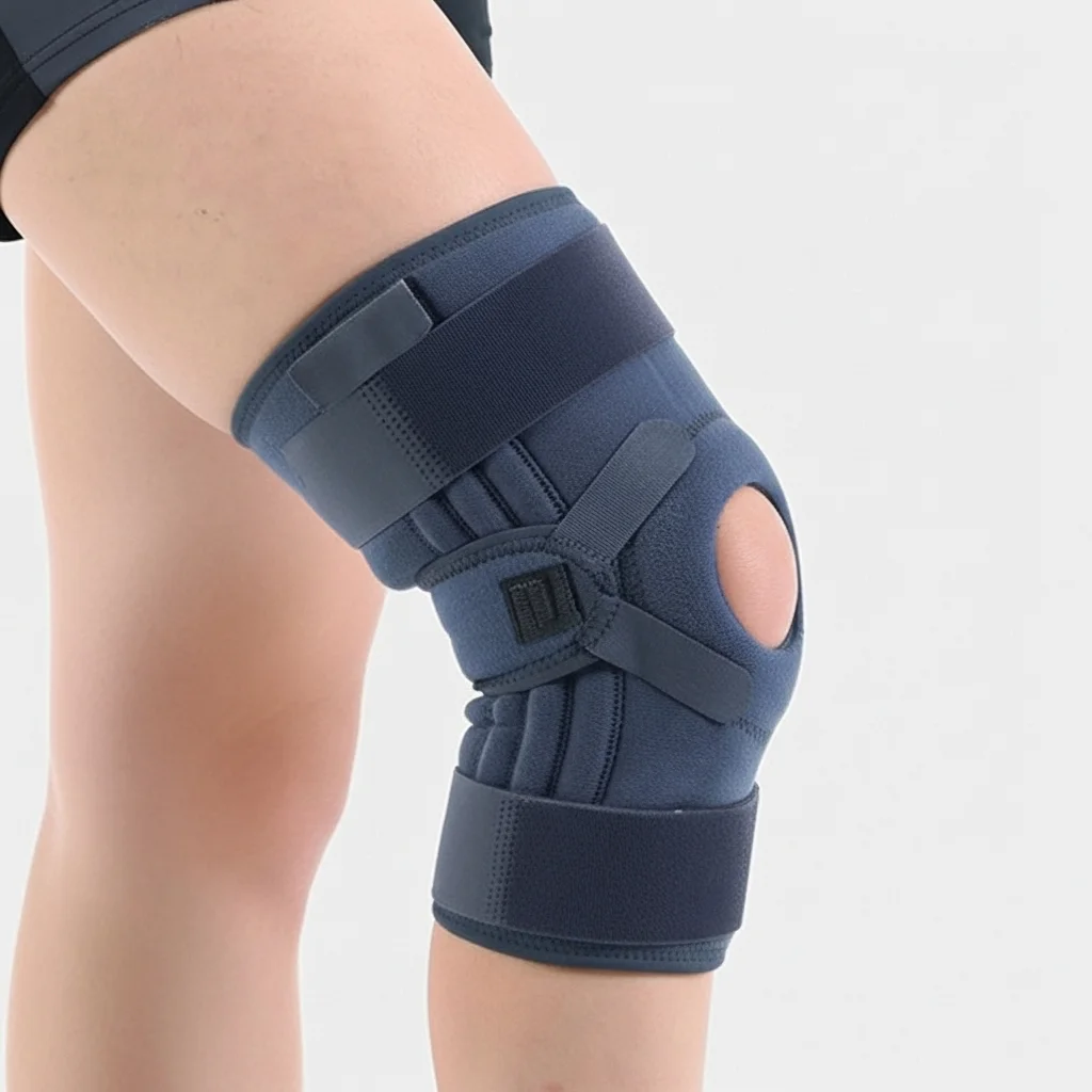 Genouillère ligamentaire en néoprène avec coussinet rotulien et armatures latérales pour stabilisation du genou