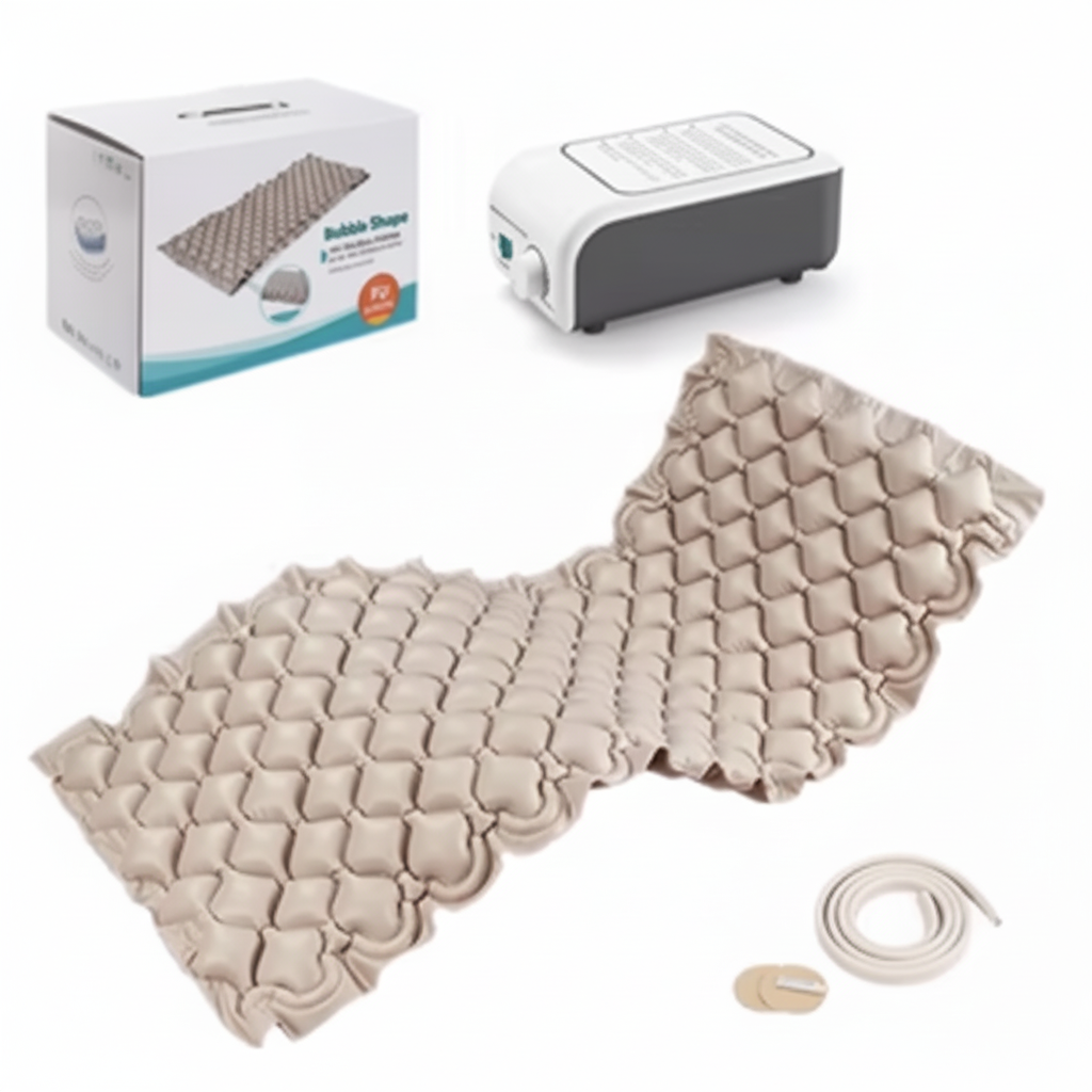 Matelas à air dynamique anti-escarres beige à structure alvéolaire, prévention des plaies de pression, confort optimal pour patients alités.