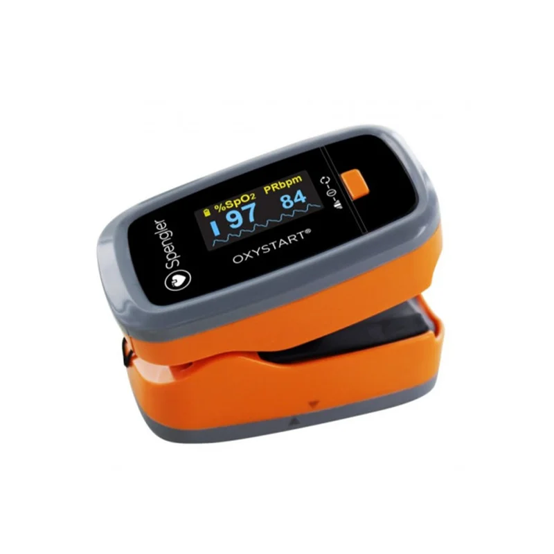 Oxymètre de pouls Spengler compact avec écran LCD rotatif affichant SpO2, rythme cardiaque et courbe de pléthysmographie