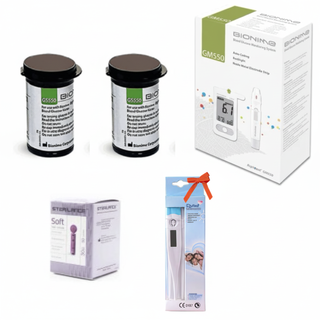 Pack Bionime complet avec lecteur, 50 bandelettes, 50 lancettes et thermomètre gratuit