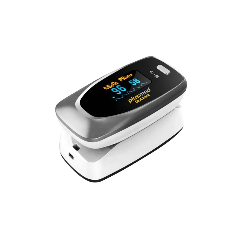 Oxymètre de pouls OxyCheck avec grand écran affichant SpO2, fréquence du pouls et indice de perfusion