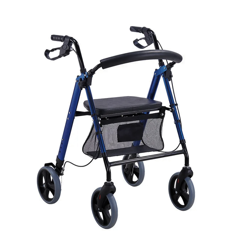 Déambulateur adulte pliable avec siège et roulettes 360°, cadre en aluminium léger et robuste